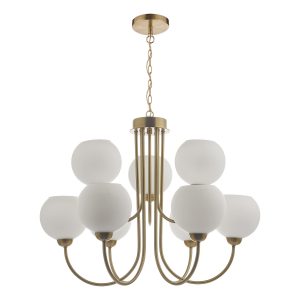 Indra Opal Glass Globe 9 Light Pendant Natural Brass