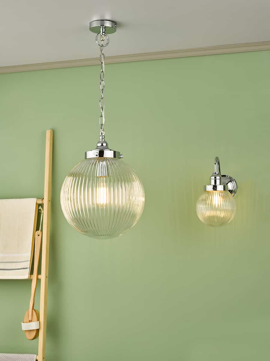 Tamara Bathroom Pendant Polished Chrome Ribbed Glass IP44 - Image 3