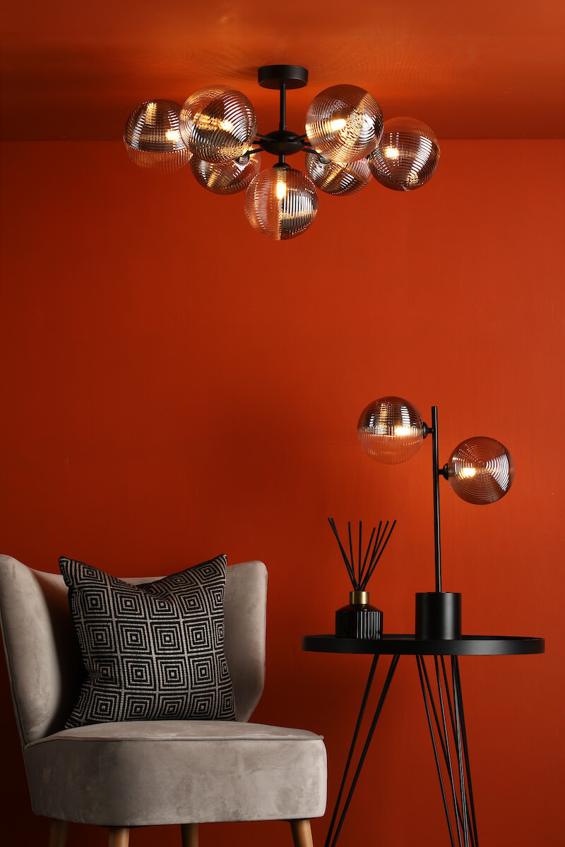 Cohen 7 Light Semi Flush Matt Black & Smoked/Clear Ribbed Glass - Image 3