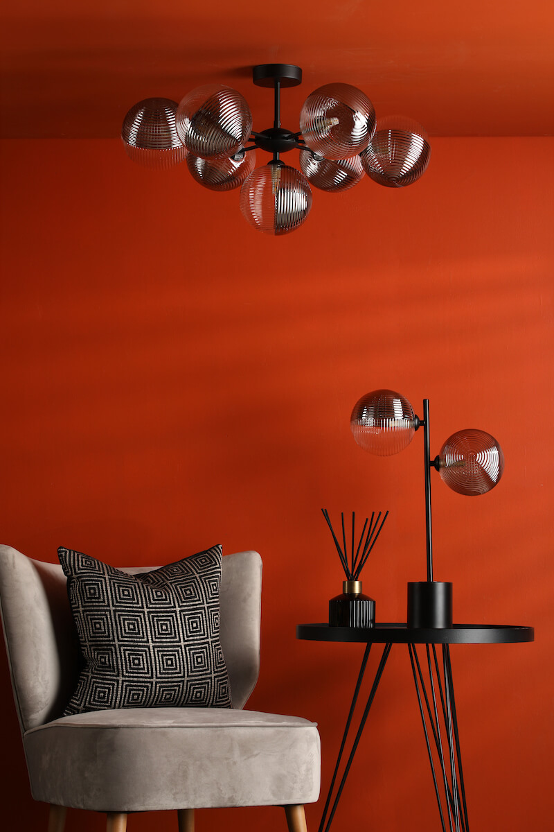 Cohen 7 Light Semi Flush Matt Black & Smoked/Clear Ribbed Glass - Image 2