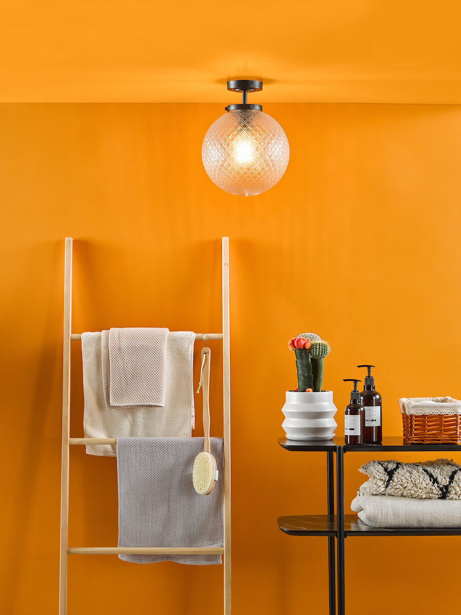 Wayne Bathroom Semi Flush Matt Black Textured Glass IP44 - Image 2