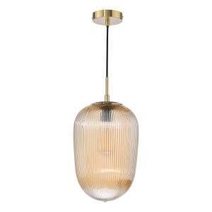 Abrielle Brushed Bronze and Amber Ribbed Glass Pendant