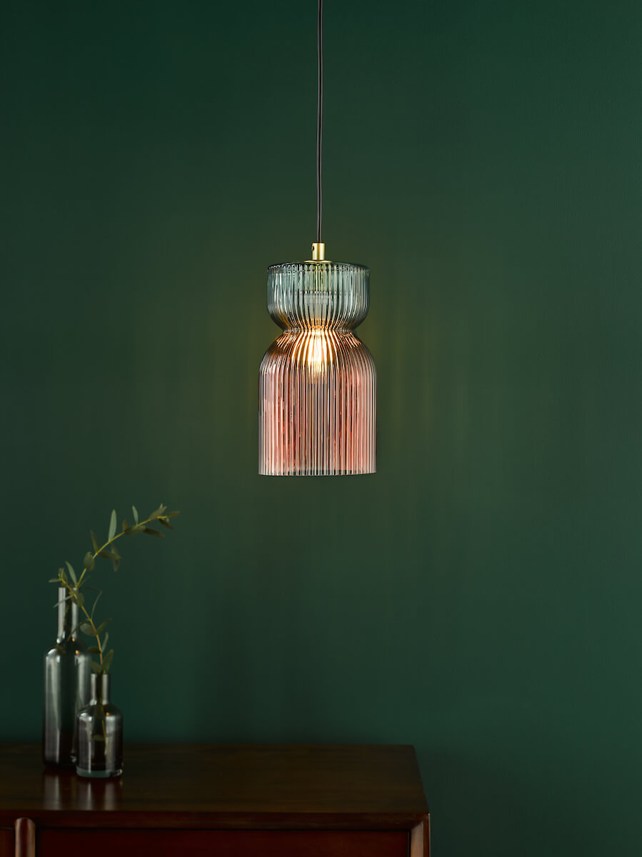 Rhubarb Pink and Green Ribbed Glass Pendant - Image 3