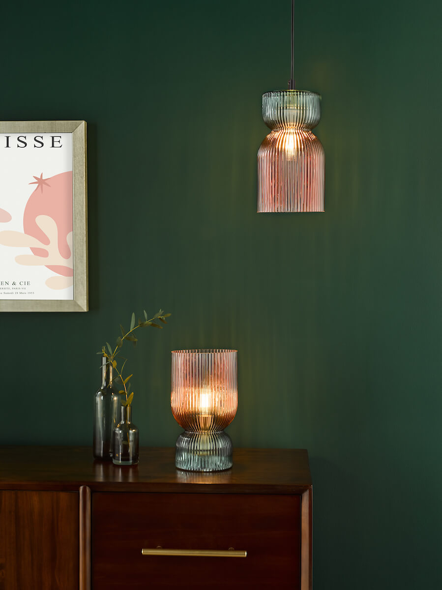 Rhubarb Pink and Green Ribbed Glass Table Lamp - Image 4