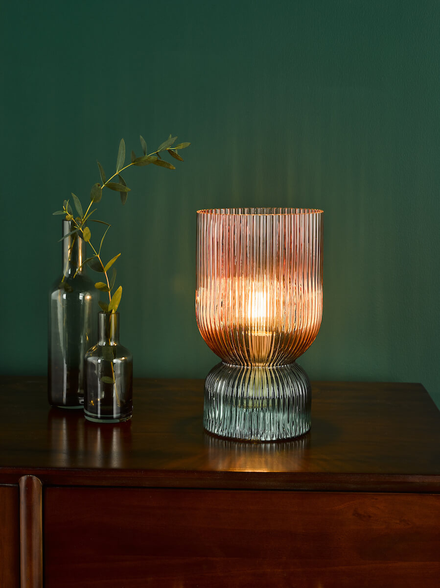 Rhubarb Pink and Green Ribbed Glass Table Lamp - Image 2